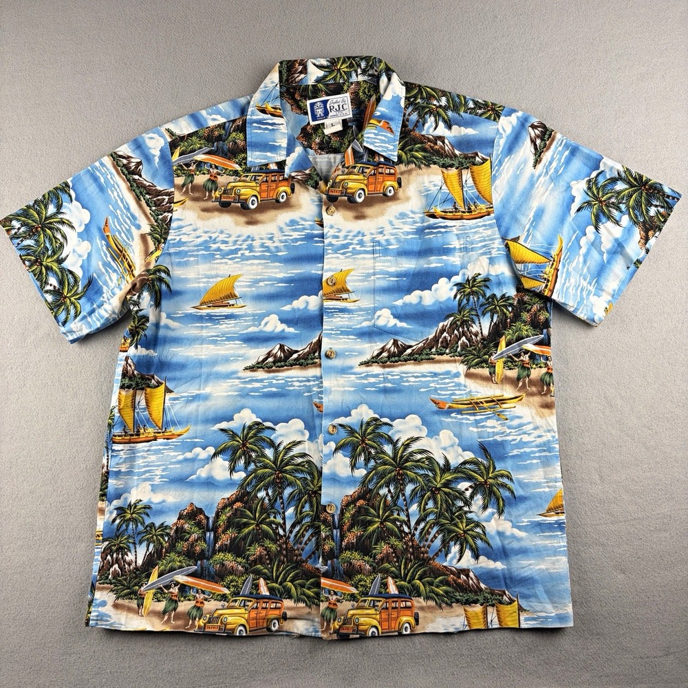 RJC Hawaiian Aloha Shirt Scenic Tropical Cars Boats Blue Men's Size Large USA
